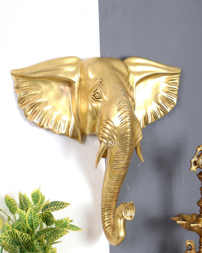 Brass Large Elephant Face Wall Hanging Mural – Handcrafted Luxury Home Décor Golden tone 18.5 inch - Budhshiv.com