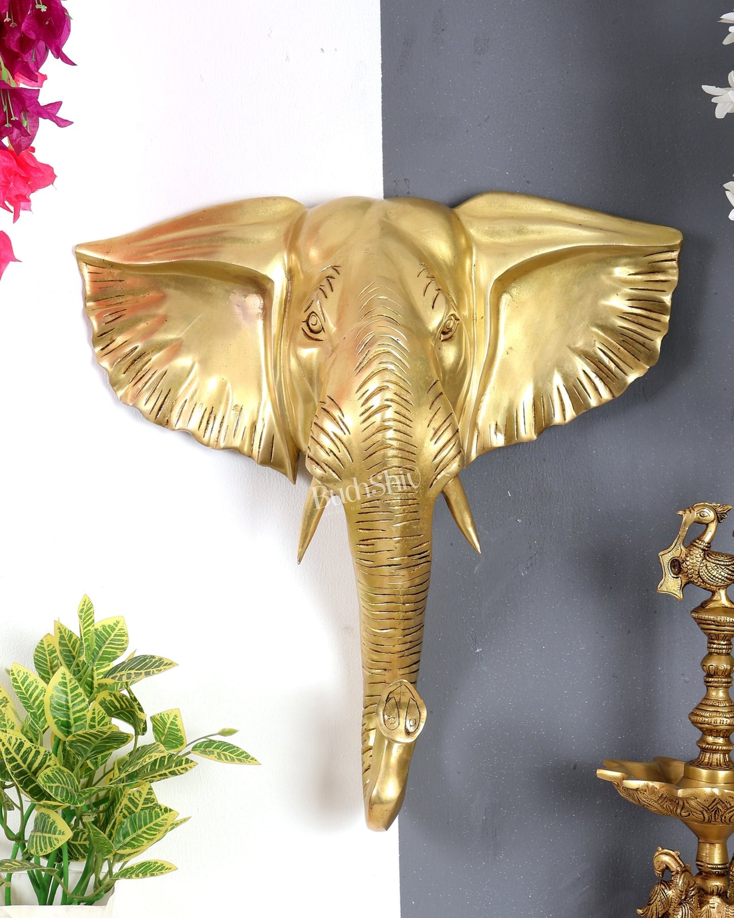Brass Large Elephant Face Wall Hanging Mural – Handcrafted Luxury Home Décor Golden tone 18.5 inch - Budhshiv.com