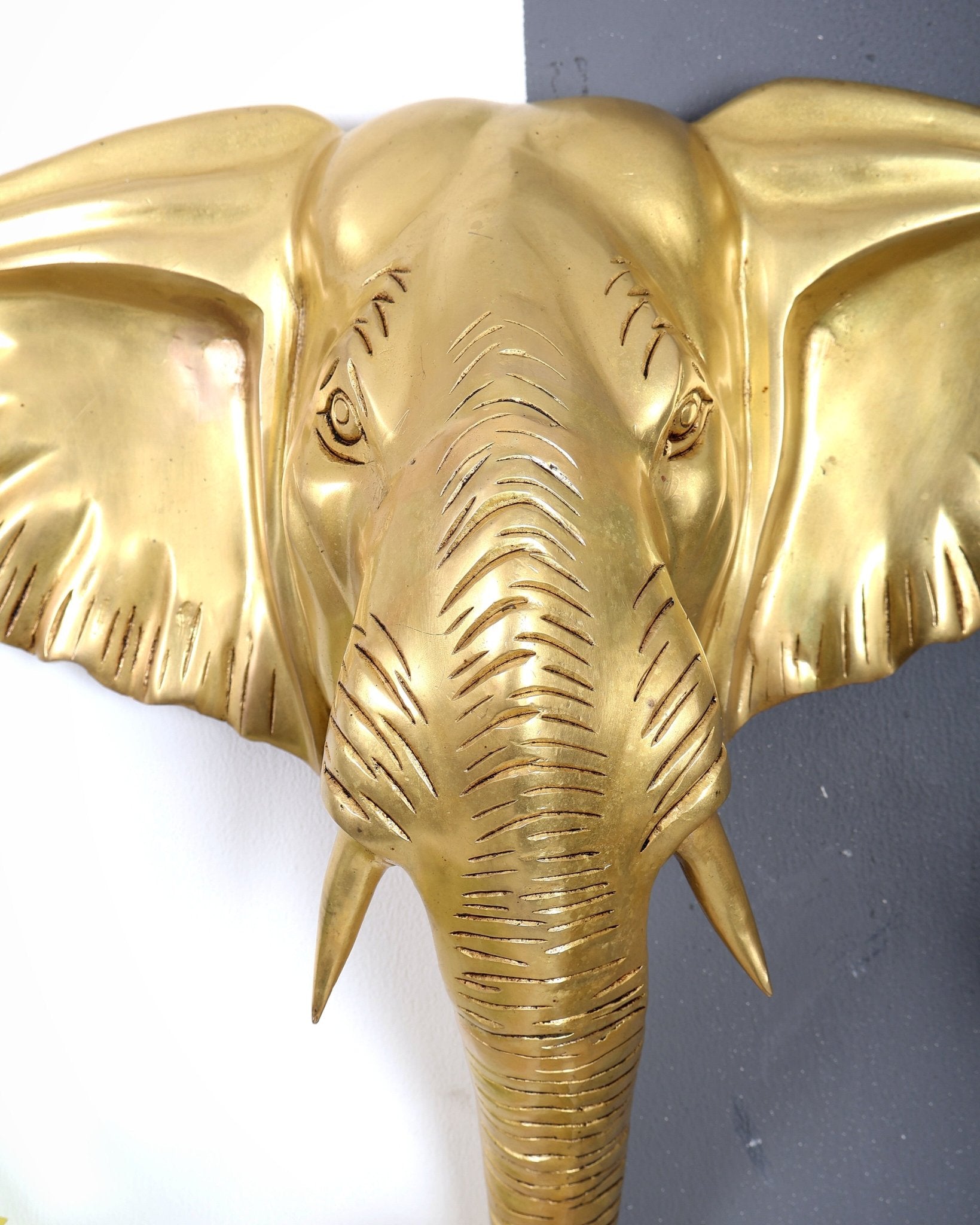 Brass Large Elephant Face Wall Hanging Mural – Handcrafted Luxury Home Décor Golden tone 18.5 inch - Budhshiv.com