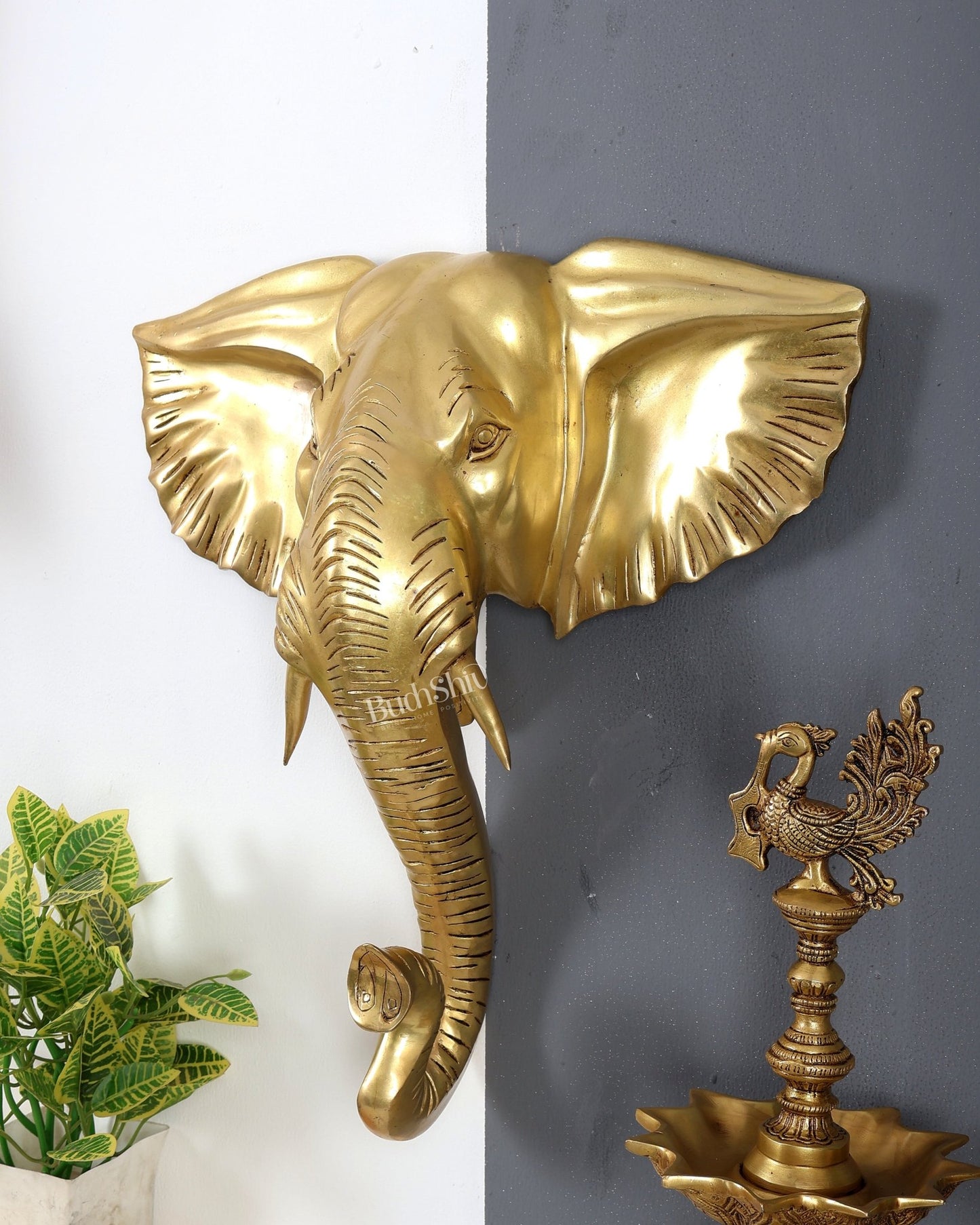 Brass Large Elephant Face Wall Hanging Mural – Handcrafted Luxury Home Décor Golden tone 18.5 inch - Budhshiv.com