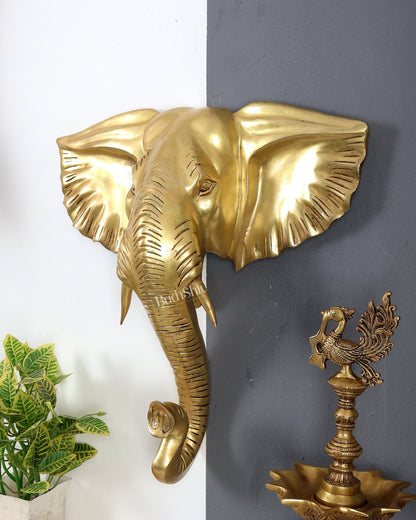 Brass Large Elephant Face Wall Hanging Mural – Handcrafted Luxury Home Décor Golden tone 18.5 inch - Budhshiv.com