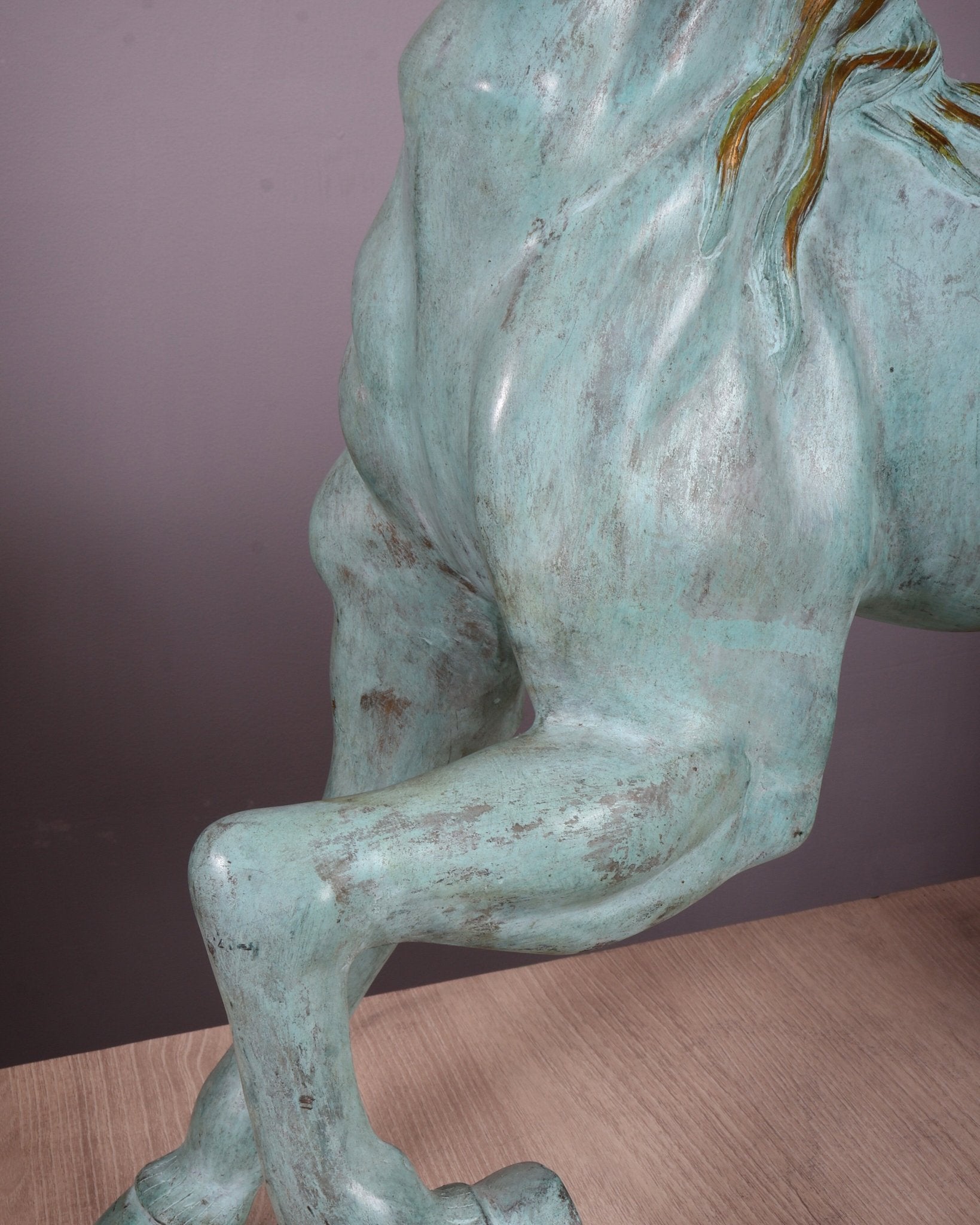 Brass Large Galloping Horse Sculpture | Aqua Blue Tone Patina 30 inch - Budhshiv.com