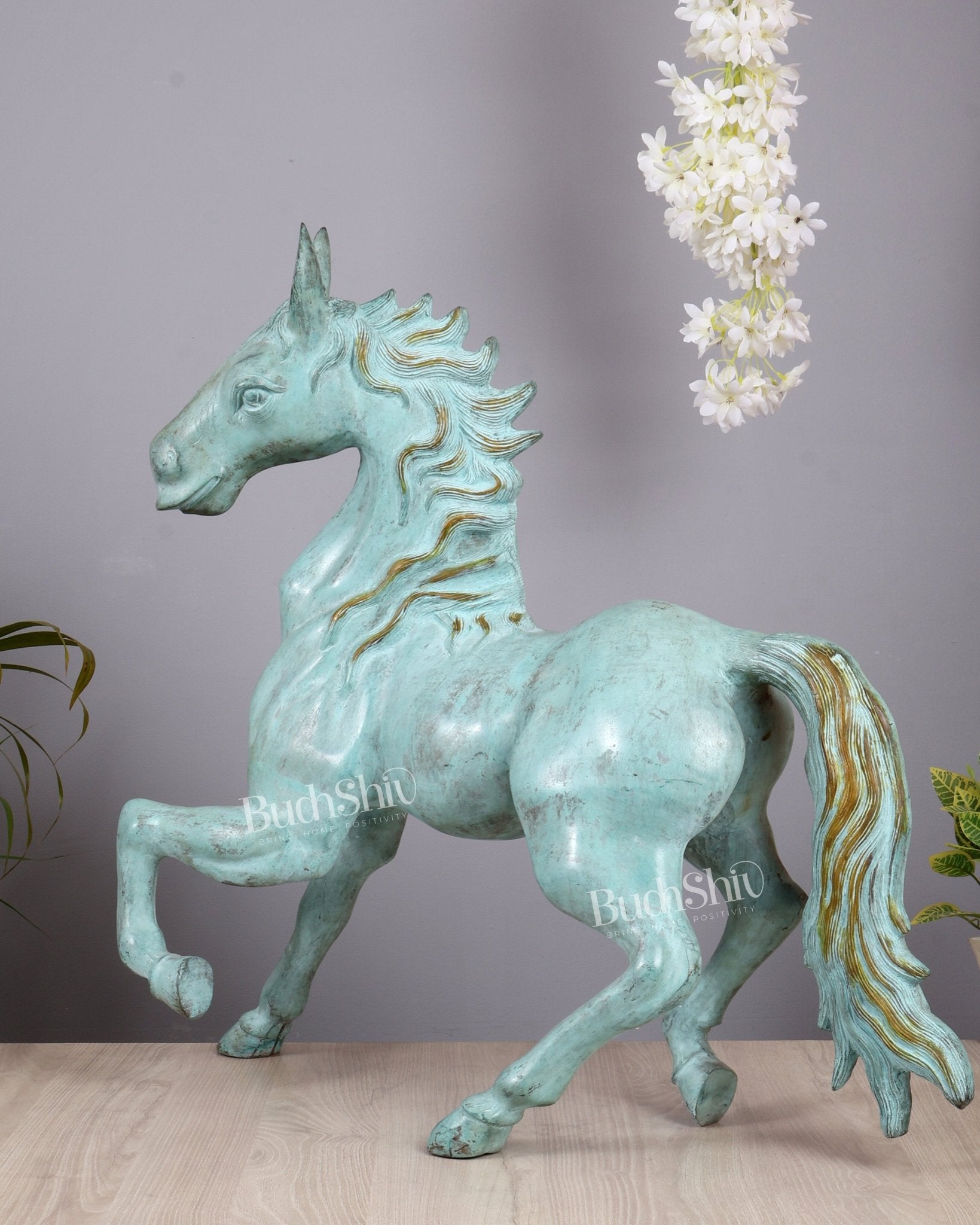 Brass Large Galloping Horse Sculpture | Aqua Blue Tone Patina 30 inch - Budhshiv.com
