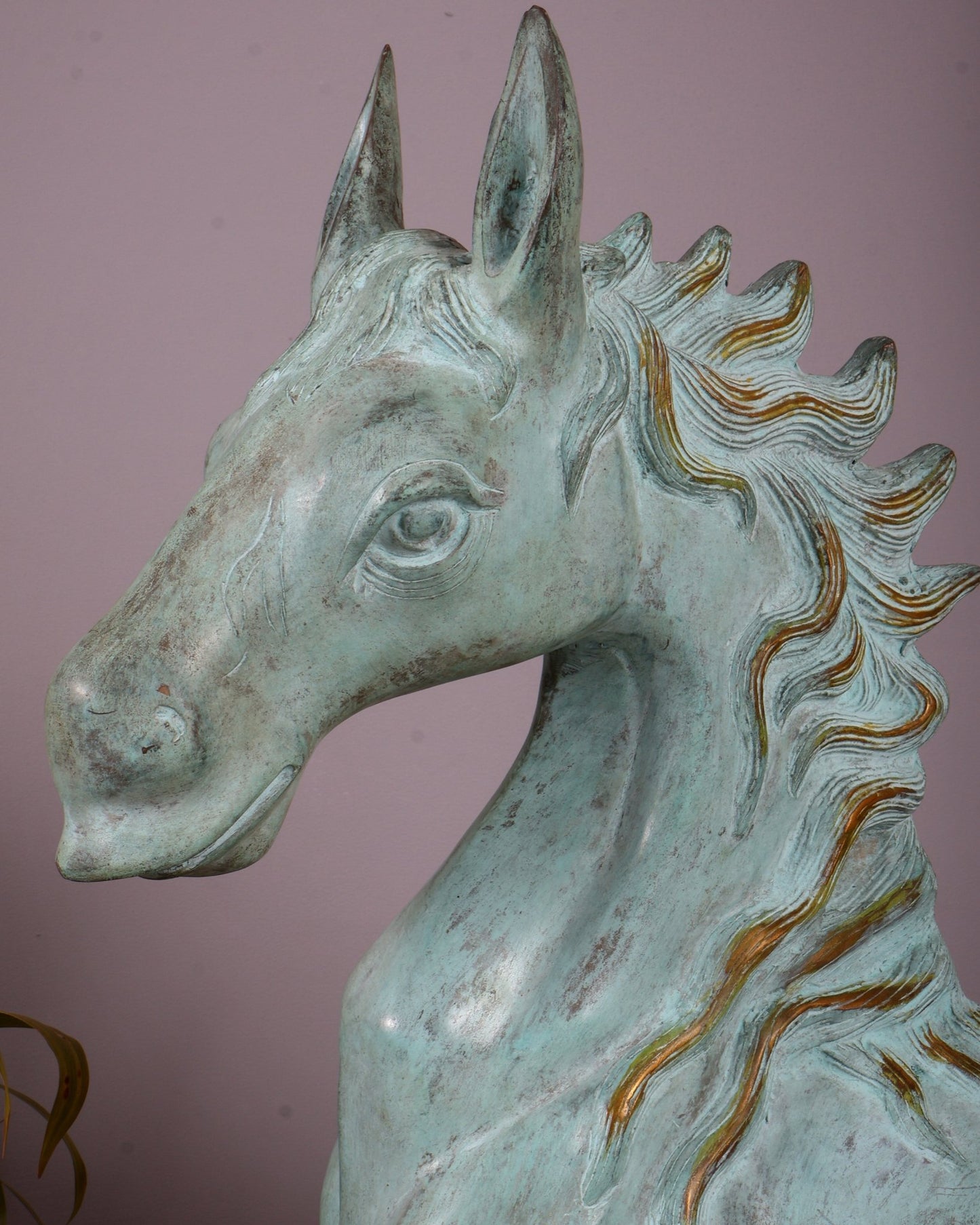 Brass Large Galloping Horse Sculpture | Aqua Blue Tone Patina 30 inch - Budhshiv.com