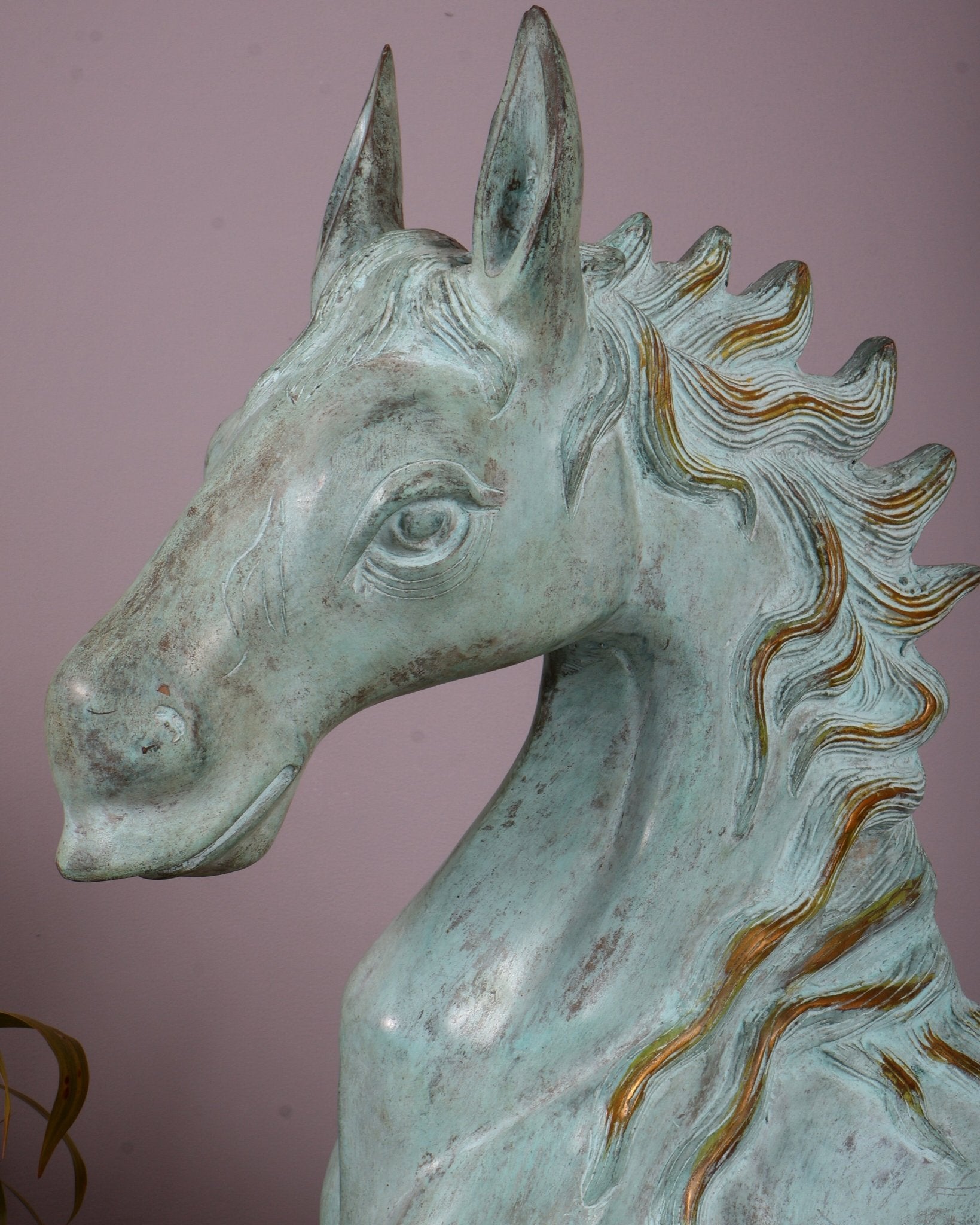 Brass Large Galloping Horse Sculpture | Aqua Blue Tone Patina 30 inch - Budhshiv.com