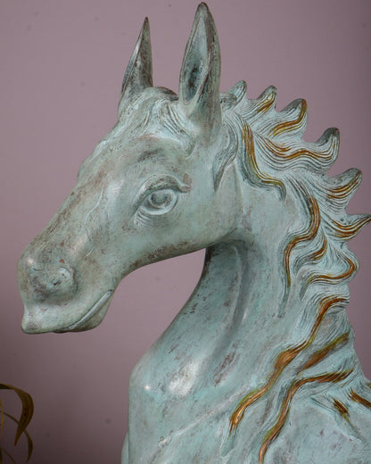 Brass Large Galloping Horse Sculpture | Aqua Blue Tone Patina 30 inch - Budhshiv.com