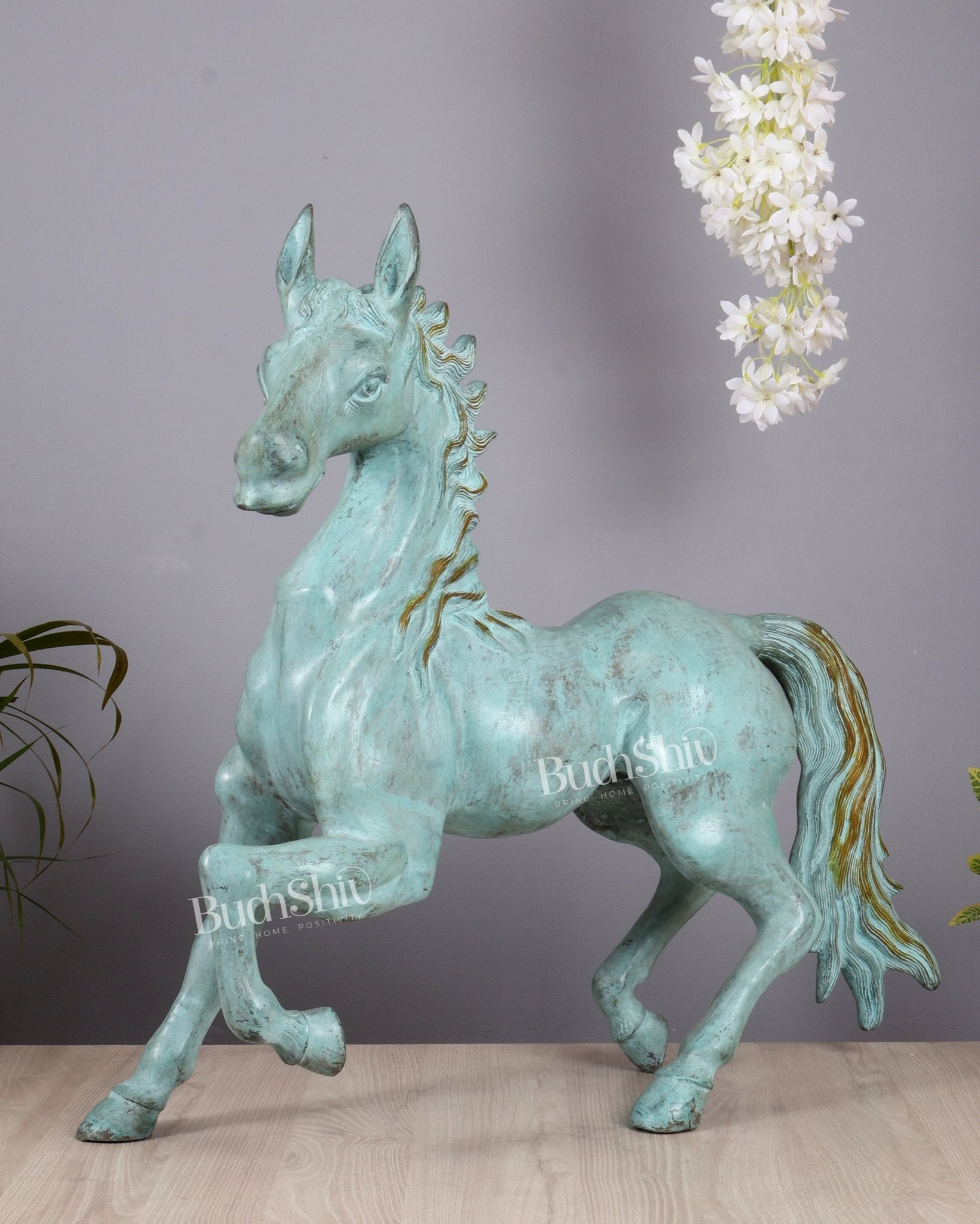 Brass Large Galloping Horse Sculpture | Aqua Blue Tone Patina 30 inch - Budhshiv.com