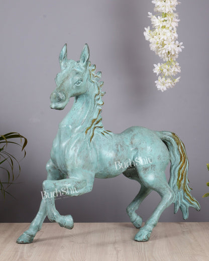 Brass Large Galloping Horse Sculpture | Aqua Blue Tone Patina 30 inch - Budhshiv.com