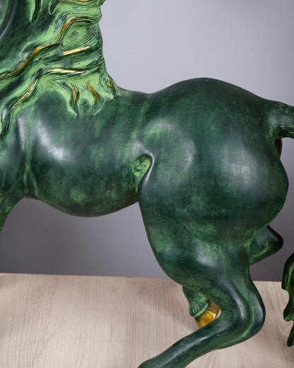 Brass Large Galloping Horse Sculpture | Candy Green Patina Finish 30 inch - Budhshiv.com