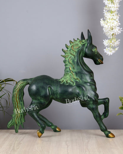 Brass Large Galloping Horse Sculpture | Candy Green Patina Finish 30 inch - Budhshiv.com
