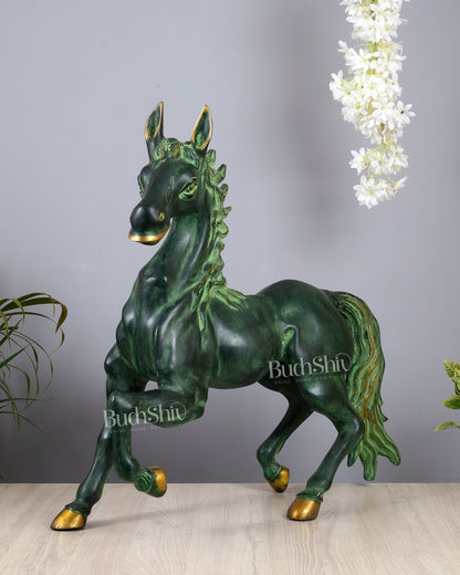 Brass Large Galloping Horse Sculpture | Candy Green Patina Finish 30 inch - Budhshiv.com