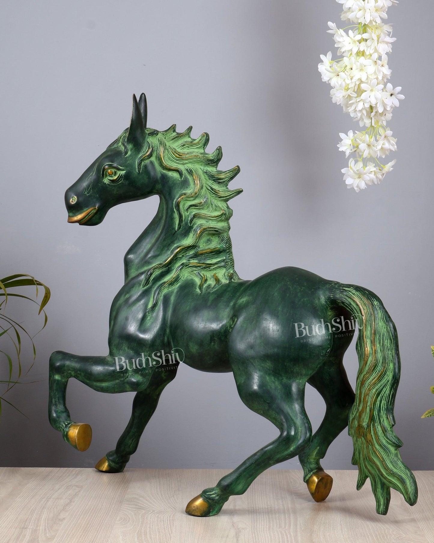 Brass Large Galloping Horse Sculpture | Candy Green Patina Finish 30 inch - Budhshiv.com