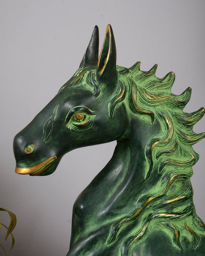 Brass Large Galloping Horse Sculpture | Candy Green Patina Finish 30 inch - Budhshiv.com