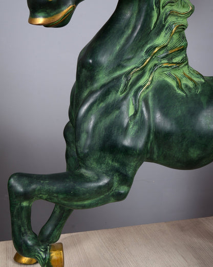 Brass Large Galloping Horse Sculpture | Candy Green Patina Finish 30 inch - Budhshiv.com