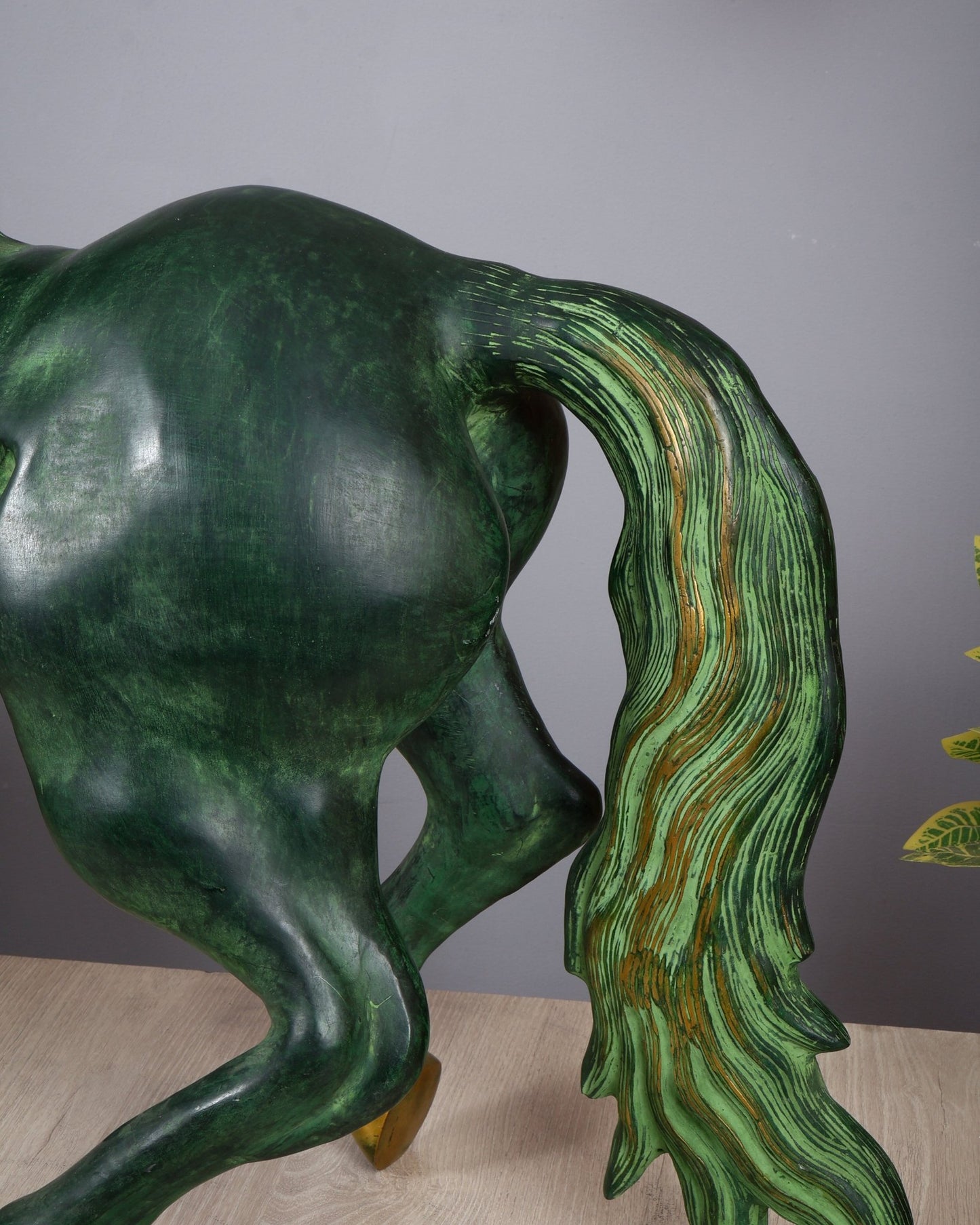 Brass Large Galloping Horse Sculpture | Candy Green Patina Finish 30 inch - Budhshiv.com