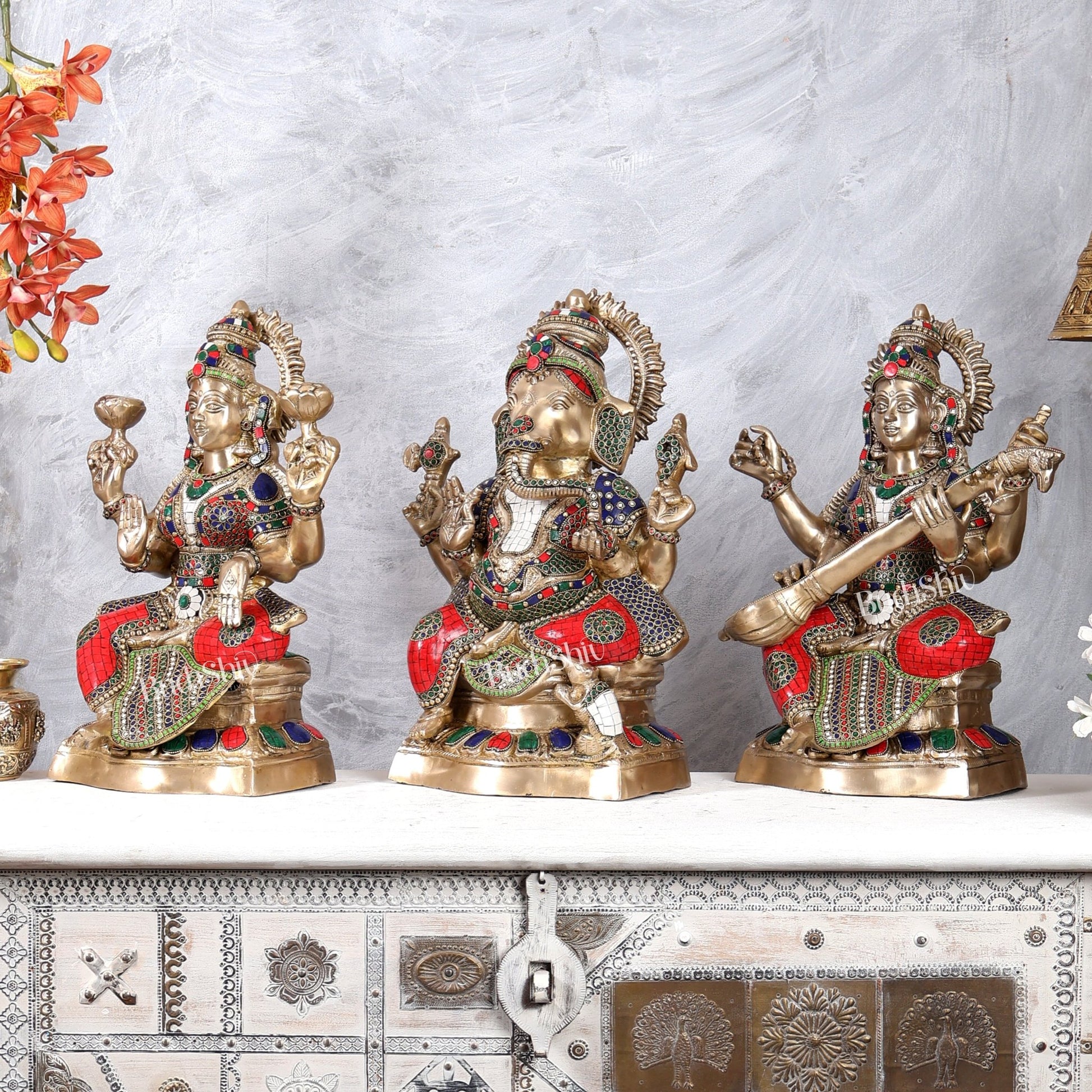 Brass large Ganesh Lakshmi Saraswati Idols 18 inch with Stonework - Budhshiv.com