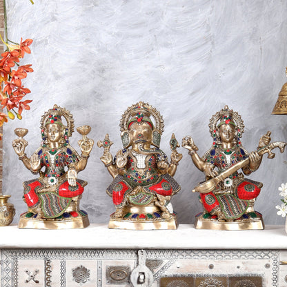 Brass large Ganesh Lakshmi Saraswati Idols 18 inch with Stonework - Budhshiv.com