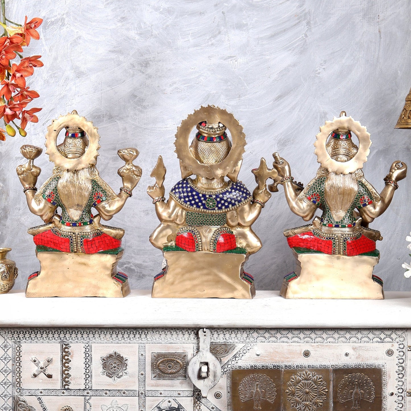 Brass large Ganesh Lakshmi Saraswati Idols 18 inch with Stonework - Budhshiv.com