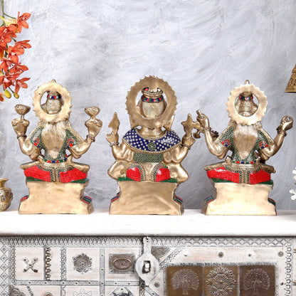 Brass large Ganesh Lakshmi Saraswati Idols 18 inch with Stonework - Budhshiv.com