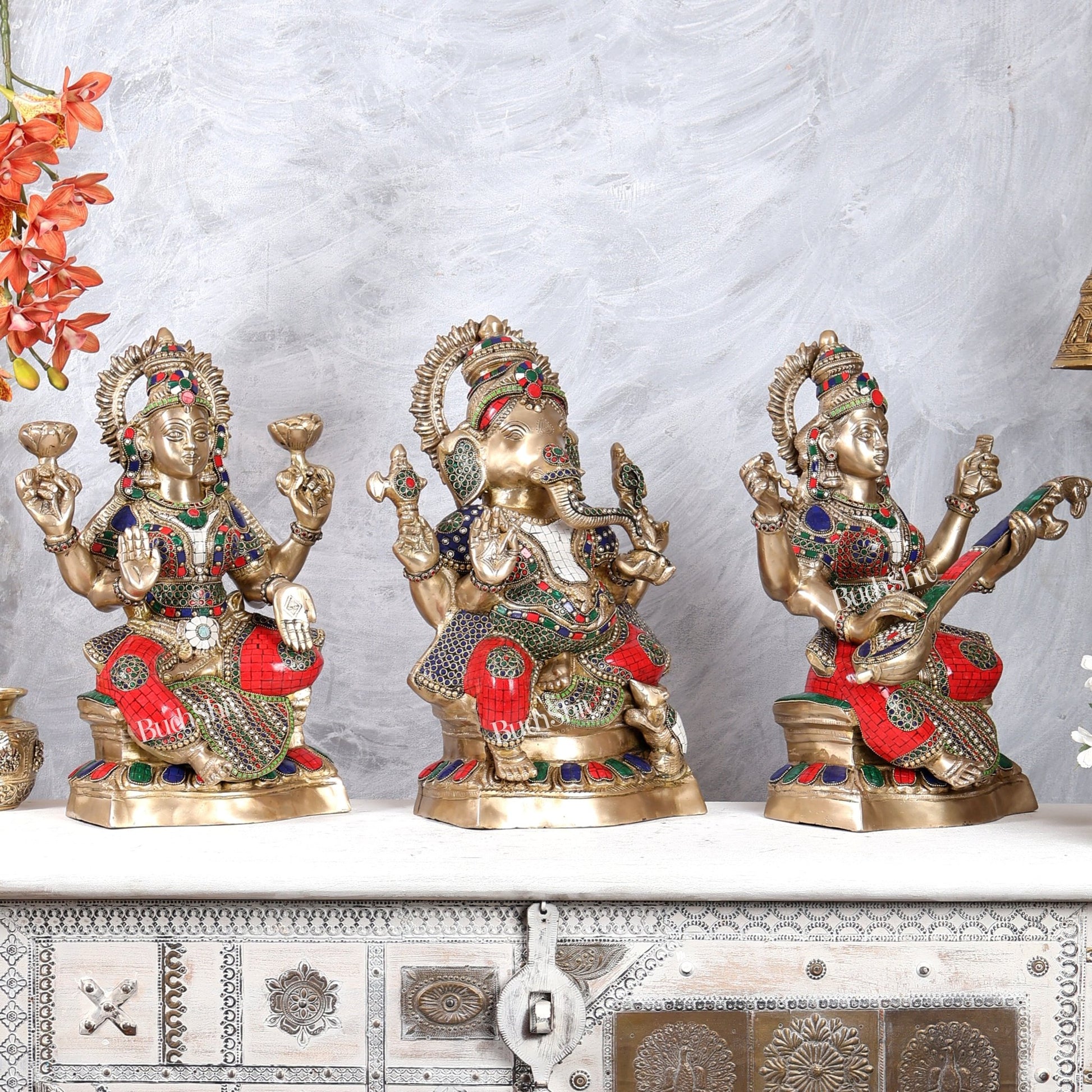 Brass large Ganesh Lakshmi Saraswati Idols 18 inch with Stonework - Budhshiv.com