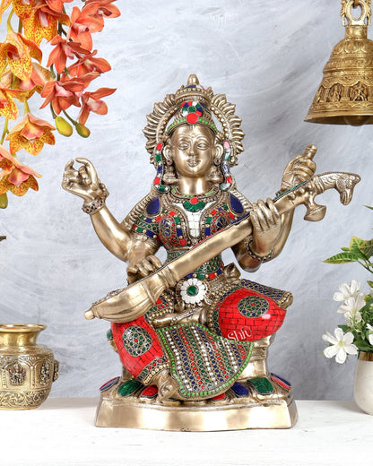 Brass large Ganesh Lakshmi Saraswati Idols 18 inch with Stonework - Budhshiv.com