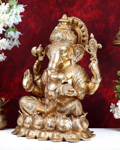 Brass Large Ganesha on Lotus - 22 inch - Budhshiv.com
