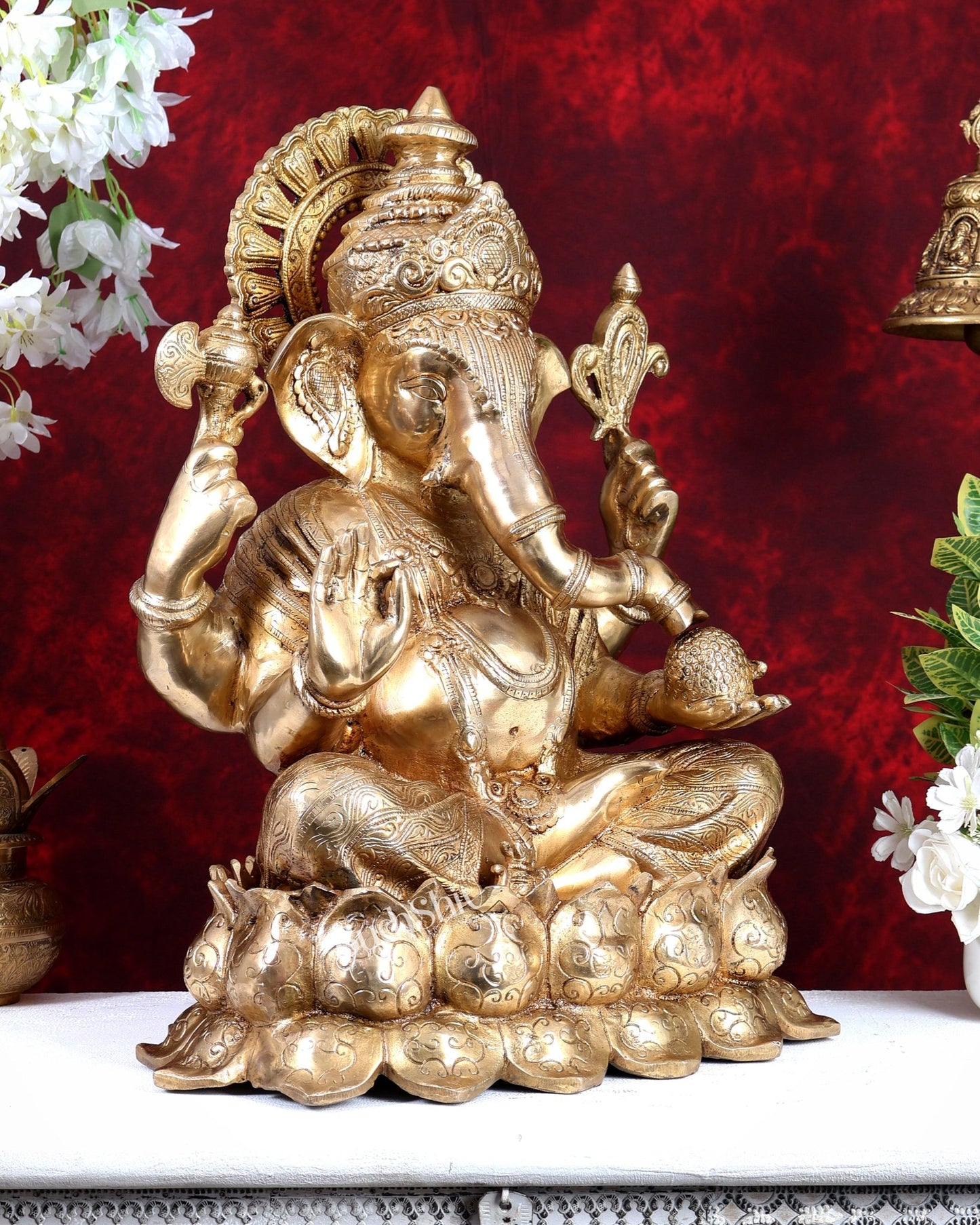 Brass Large Ganesha on Lotus - 22 inch - Budhshiv.com
