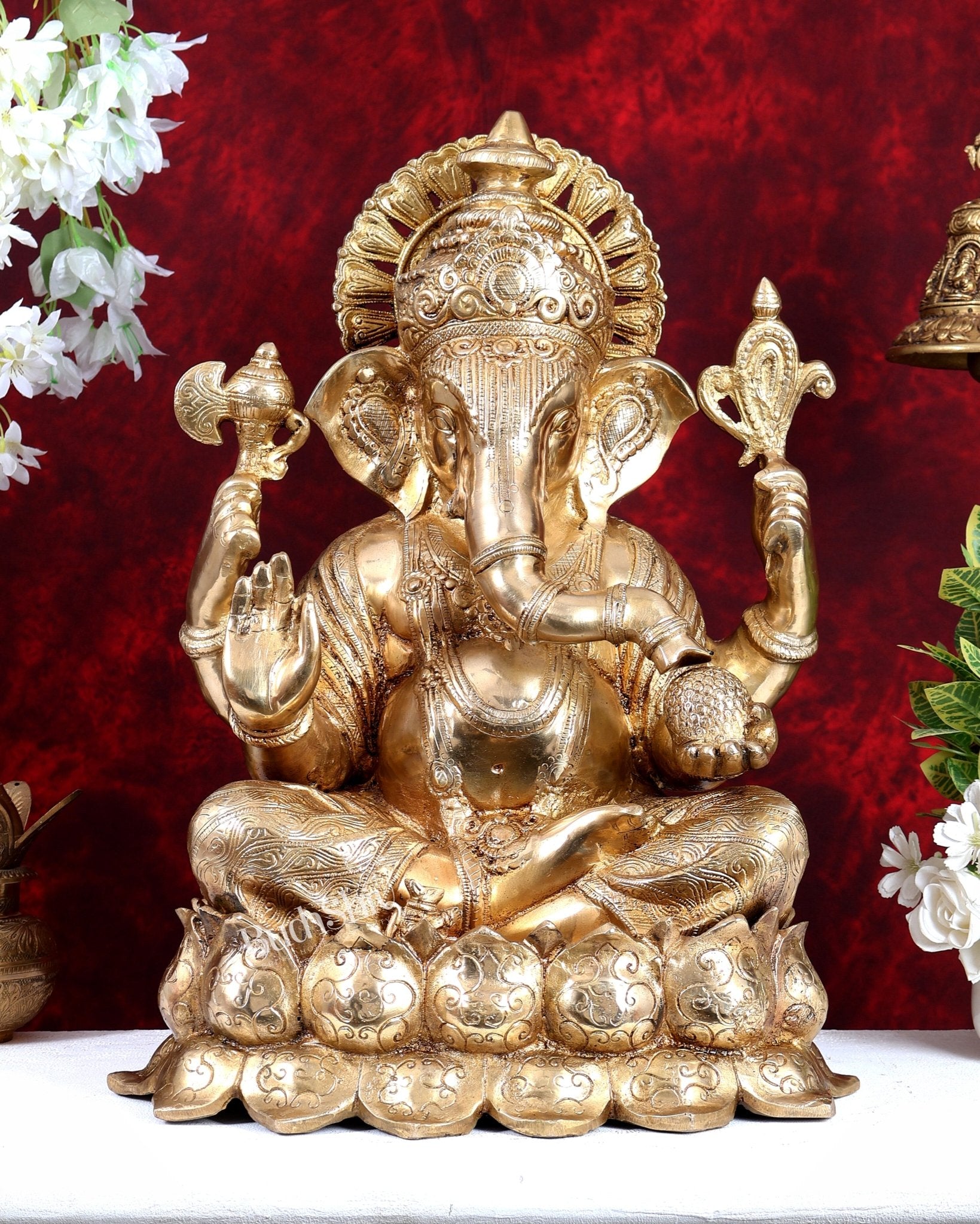 Brass Large Ganesha on Lotus - 22 inch - Budhshiv.com