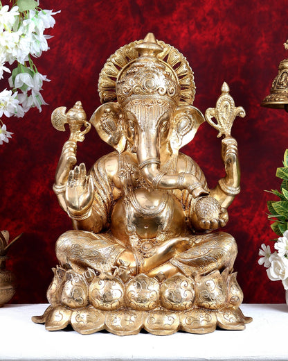 Brass Large Ganesha on Lotus - 22 inch - Budhshiv.com