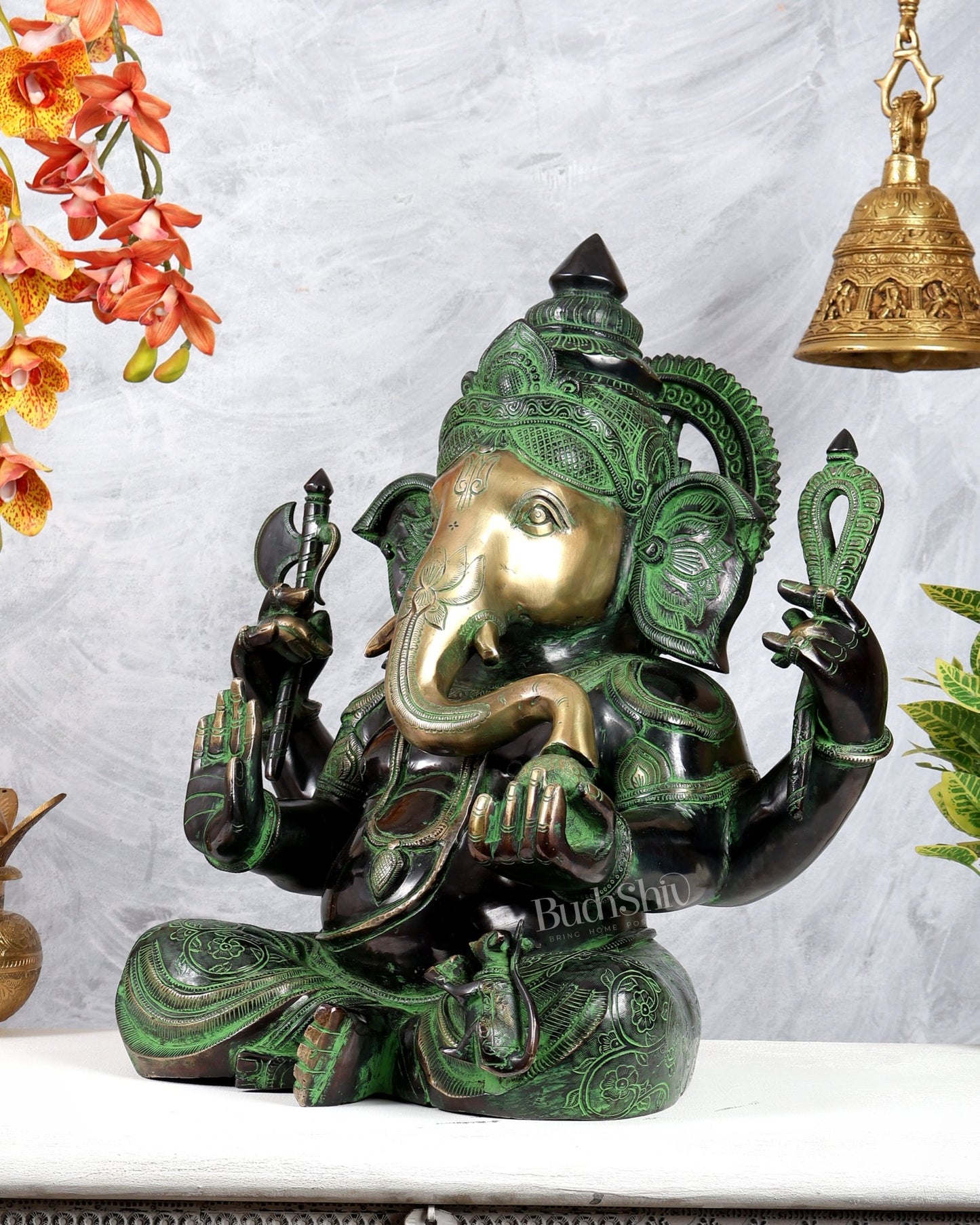 Brass Large Ganesha Statue | 20 inch black and green tone - Budhshiv.com