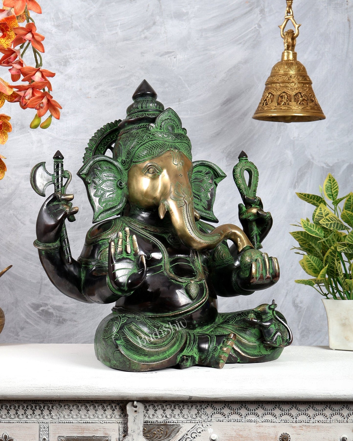 Brass Large Ganesha Statue | 20 inch black and green tone - Budhshiv.com