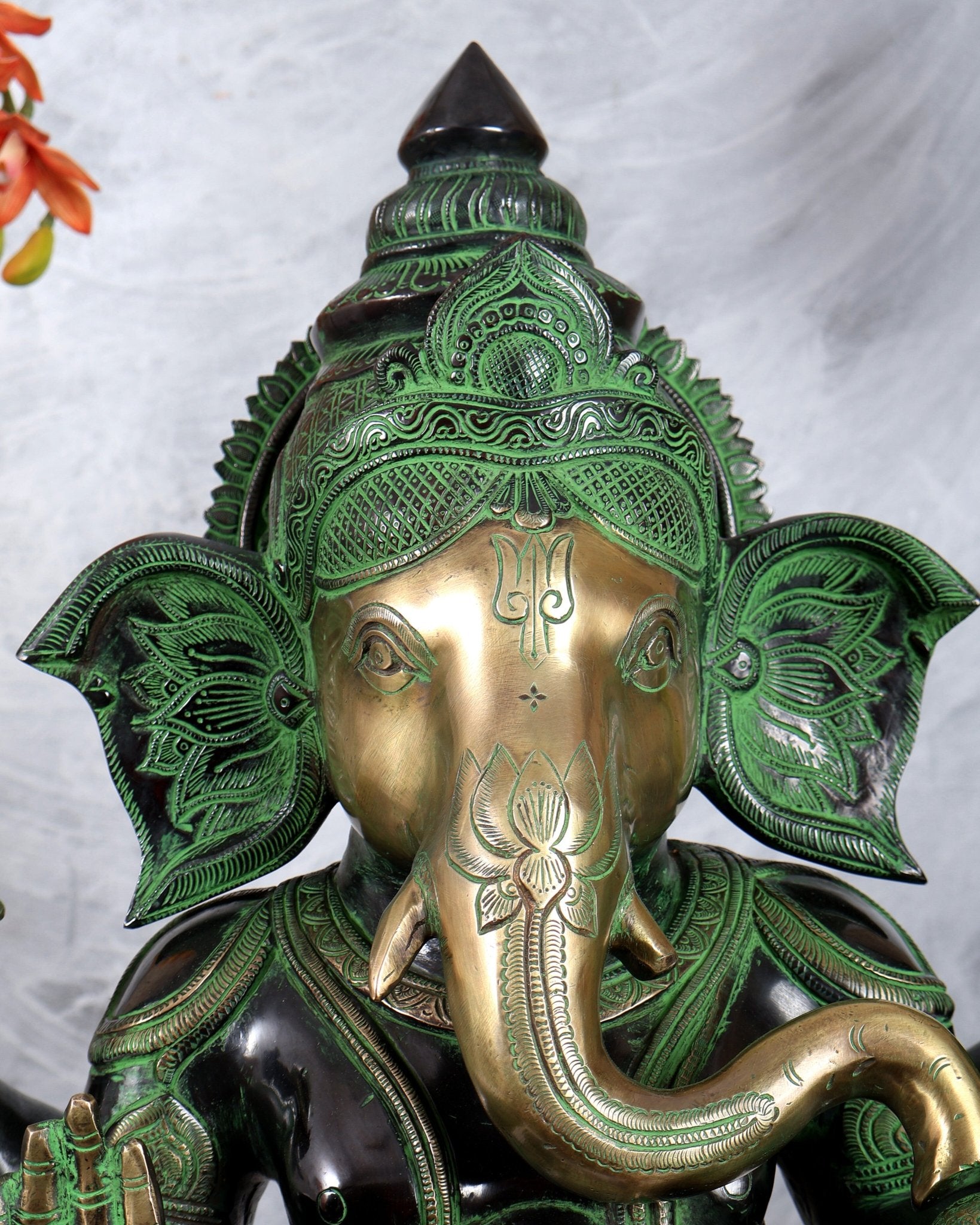 Brass Large Ganesha Statue | 20 inch black and green tone - Budhshiv.com