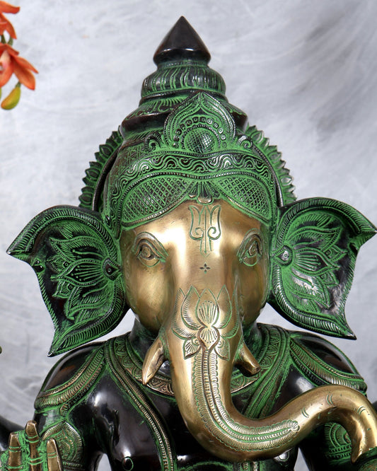 Brass Large Ganesha Statue | 20 inch black and green tone - Budhshiv.com