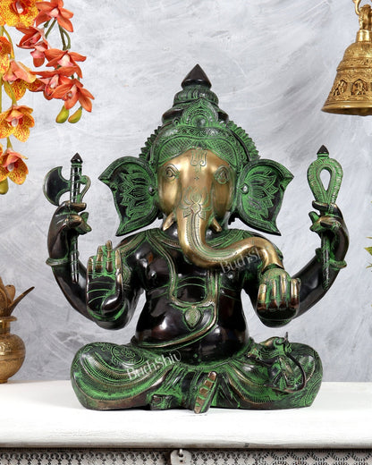 Brass Large Ganesha Statue | 20 inch black and green tone - Budhshiv.com