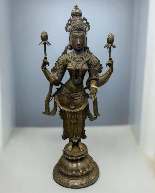 Brass Large Goddess Lakshmi sculpture Antique Tone 39" - Budhshiv.com