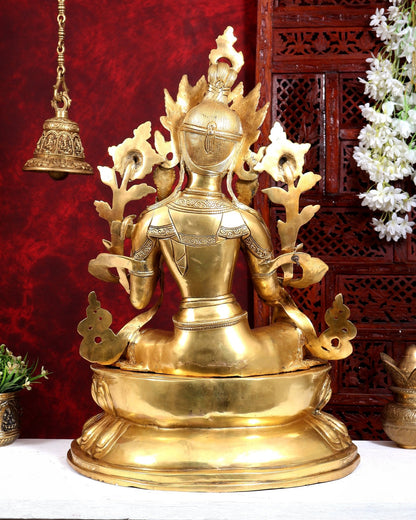 Brass Large Green Tara Statue | Pure Brass Buddhist Bodhisattva Sculpture | 27 inch - Budhshiv.com