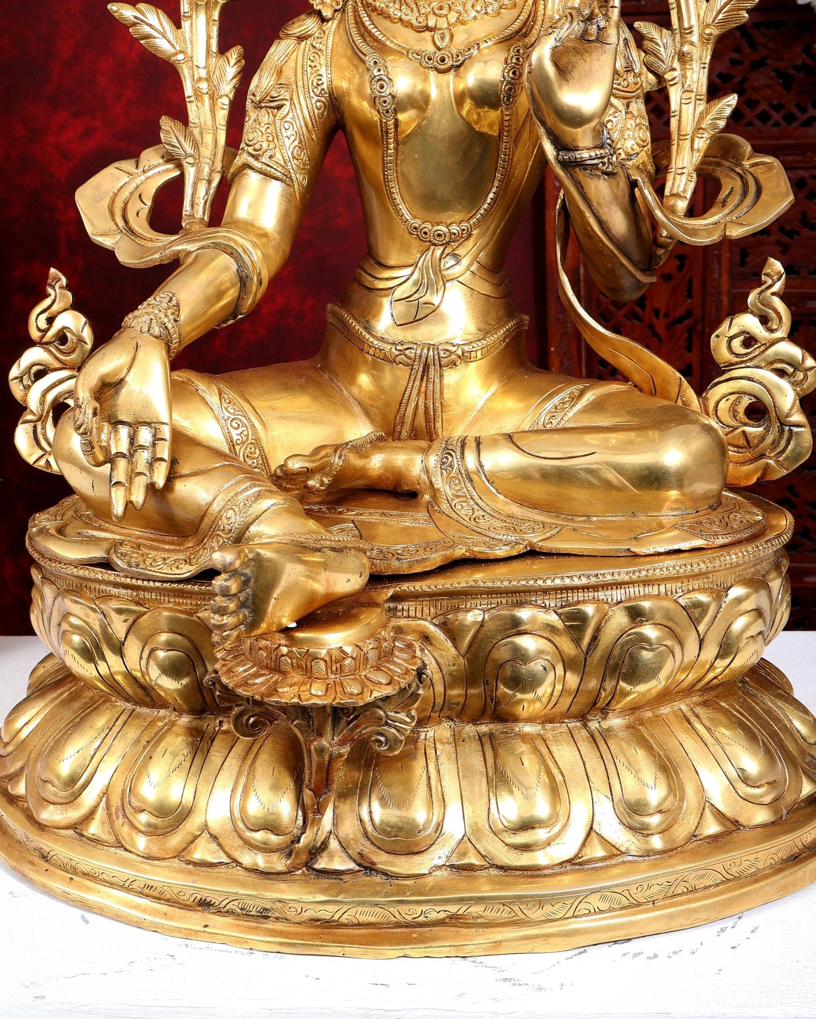 Brass Large Green Tara Statue | Pure Brass Buddhist Bodhisattva Sculpture | 27 inch - Budhshiv.com