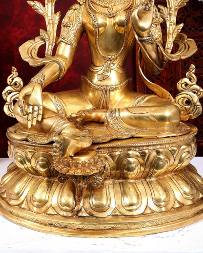 Brass Large Green Tara Statue | Pure Brass Buddhist Bodhisattva Sculpture | 27 inch - Budhshiv.com