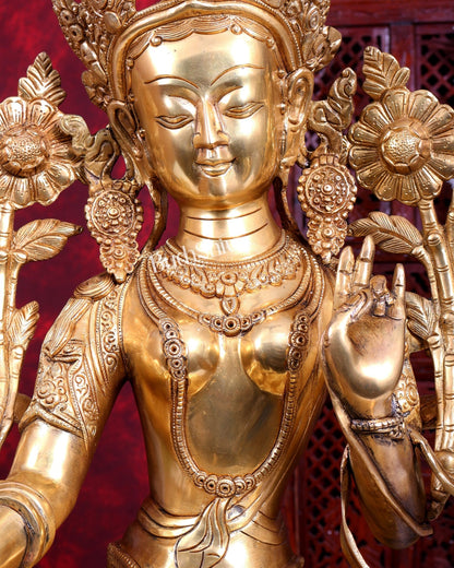 Brass Large Green Tara Statue | Pure Brass Buddhist Bodhisattva Sculpture | 27 inch - Budhshiv.com