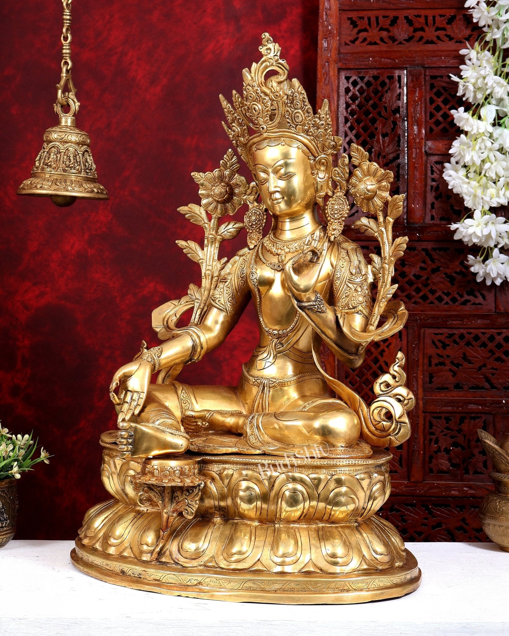 Brass Large Green Tara Statue | Pure Brass Buddhist Bodhisattva Sculpture | 27 inch - Budhshiv.com