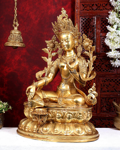 Brass Large Green Tara Statue | Pure Brass Buddhist Bodhisattva Sculpture | 27 inch - Budhshiv.com