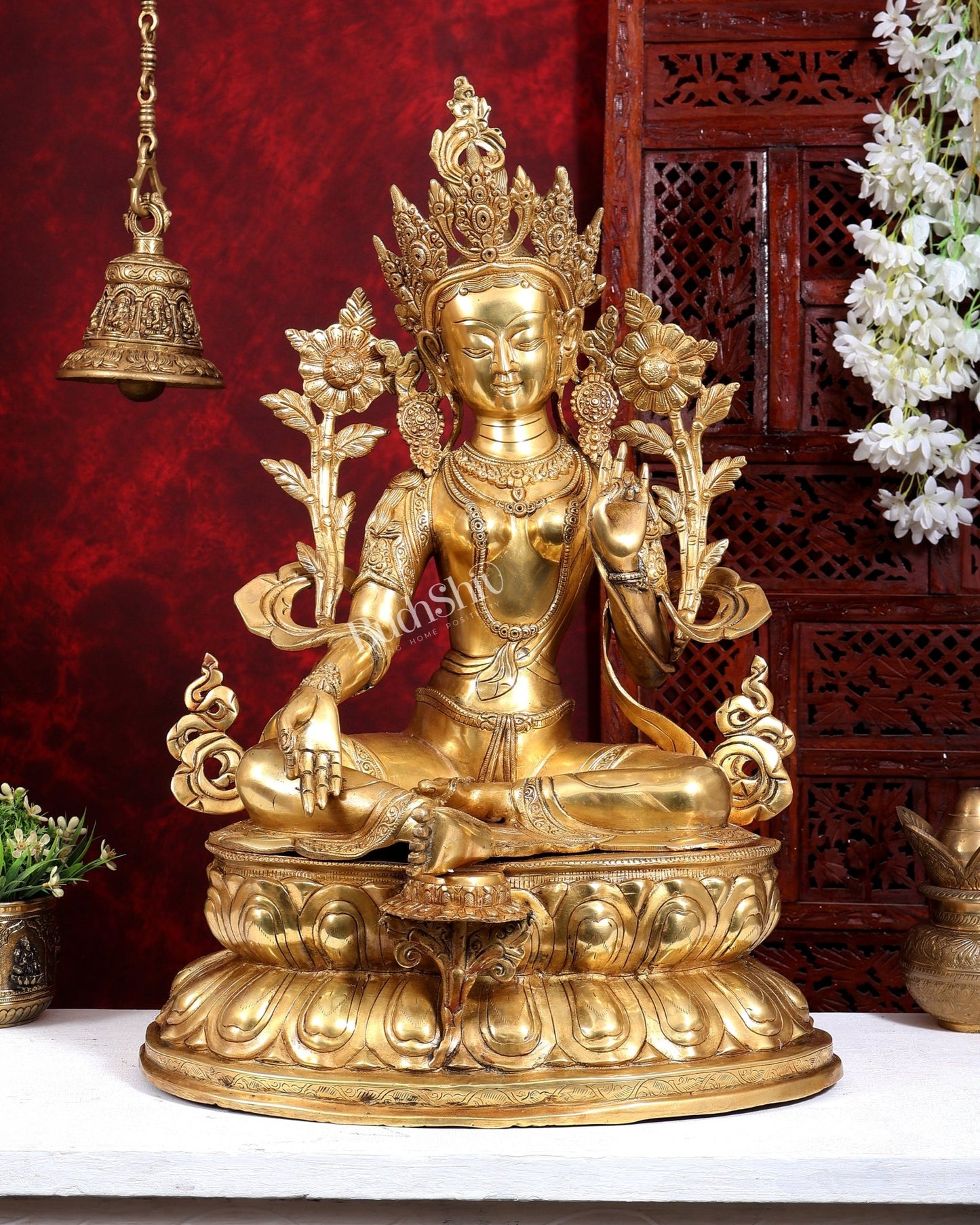 Brass Large Green Tara Statue | Pure Brass Buddhist Bodhisattva Sculpture | 27 inch - Budhshiv.com
