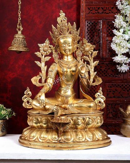 Brass Large Green Tara Statue | Pure Brass Buddhist Bodhisattva Sculpture | 27 inch - Budhshiv.com
