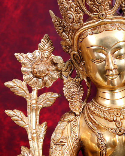 Brass Large Green Tara Statue | Pure Brass Buddhist Bodhisattva Sculpture | 27 inch - Budhshiv.com