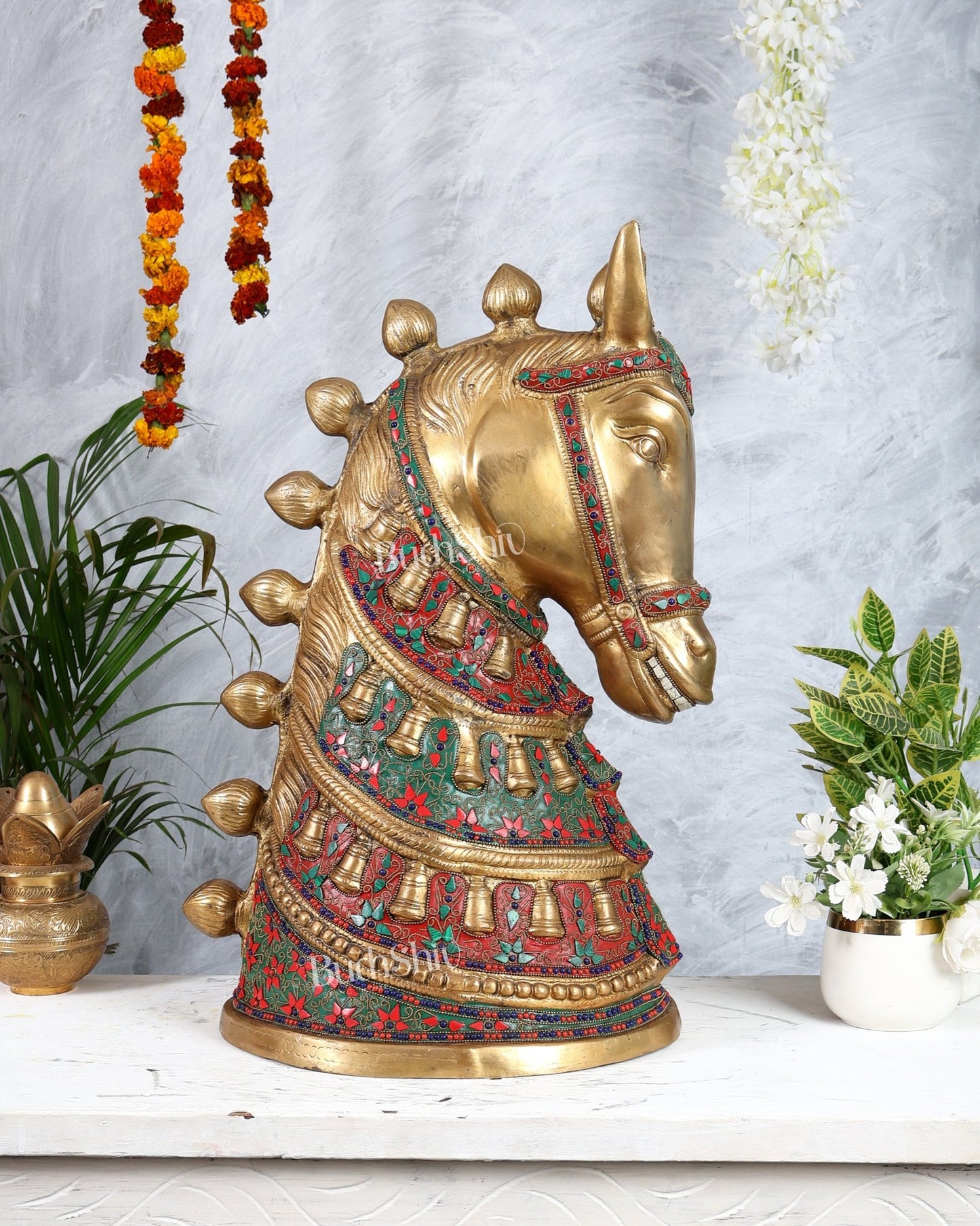 Brass Large Horse Face Head Showpiece with Natural Stones – 21.5” Antique tone - Budhshiv.com