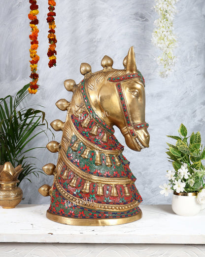 Brass Large Horse Face Head Showpiece with Natural Stones – 21.5” Antique tone - Budhshiv.com