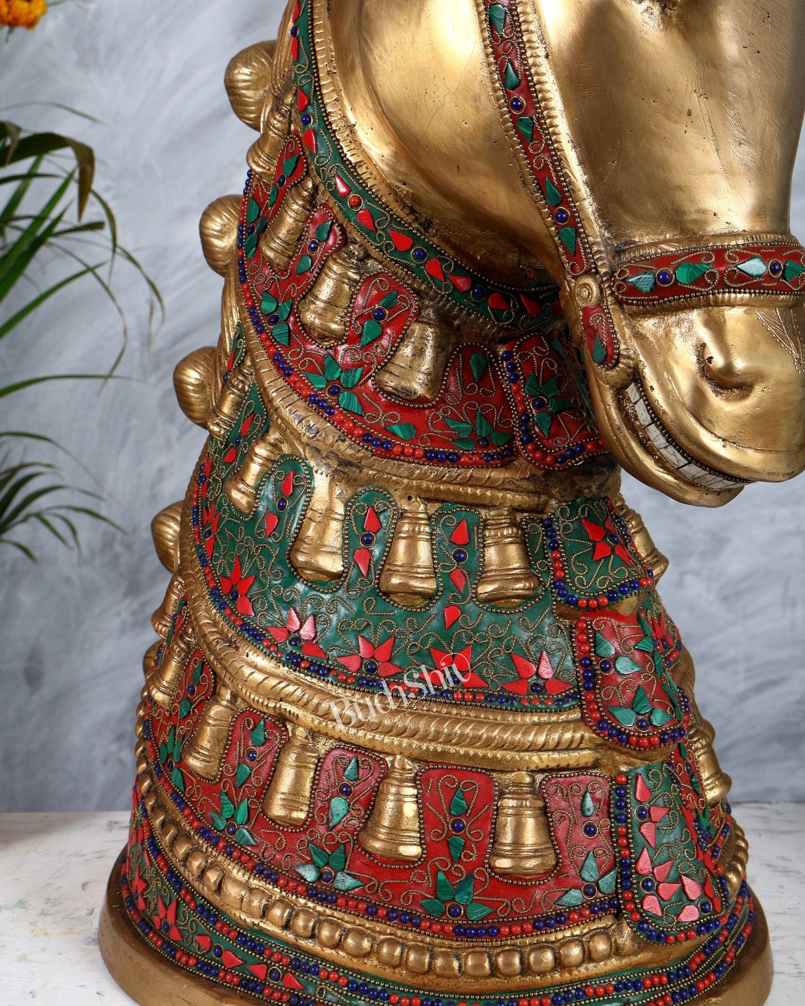 Brass Large Horse Face Head Showpiece with Natural Stones – 21.5” Antique tone - Budhshiv.com