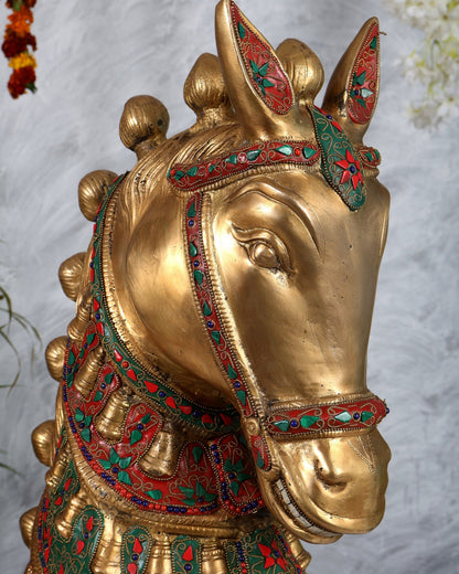Brass Large Horse Face Head Showpiece with Natural Stones – 21.5” Antique tone - Budhshiv.com