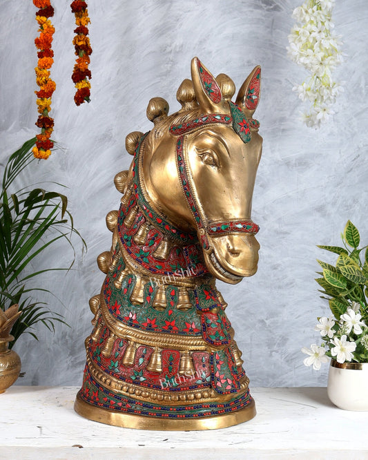 Brass Large Horse Face Head Showpiece with Natural Stones – 21.5” Antique tone - Budhshiv.com