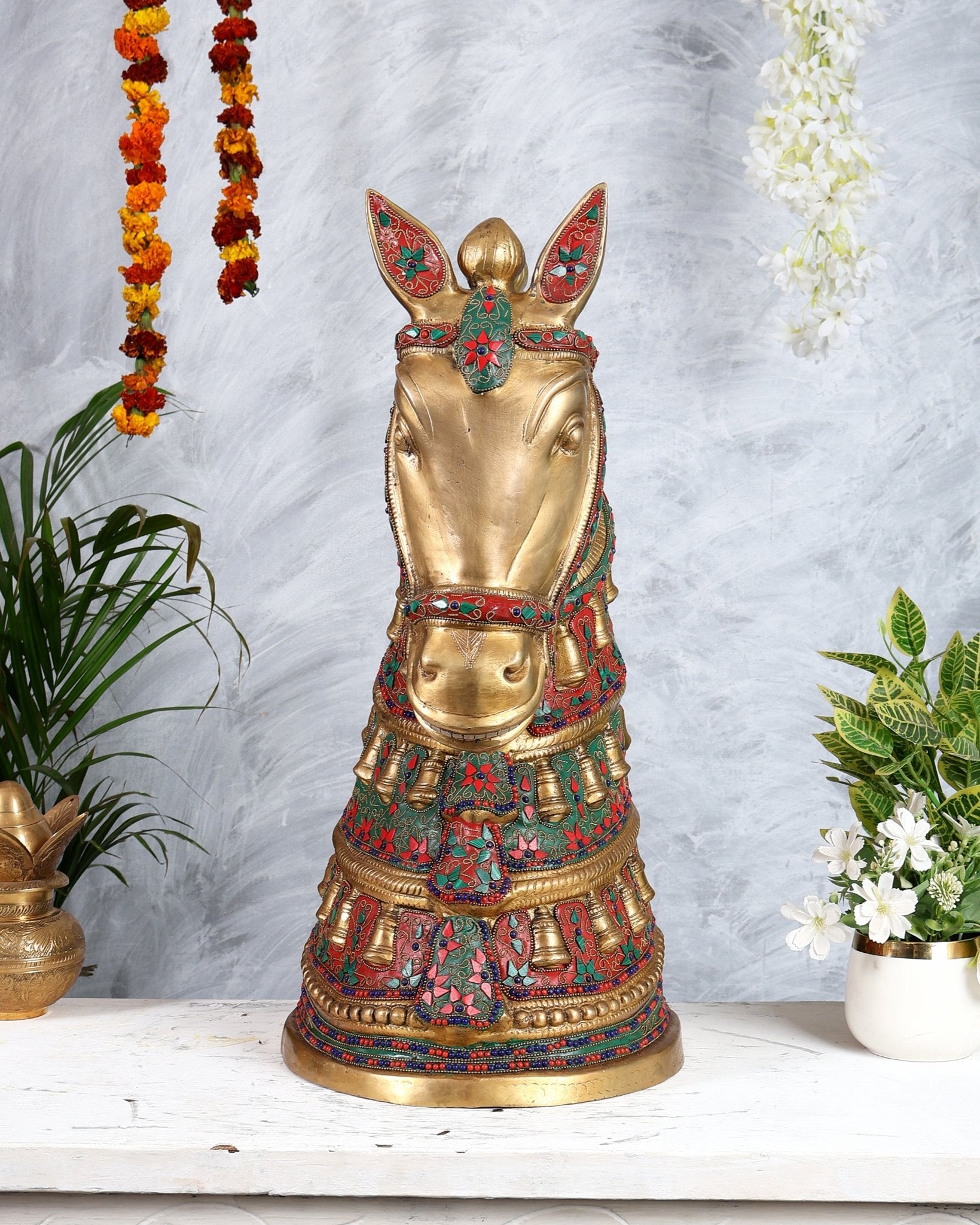 Brass Large Horse Face Head Showpiece with Natural Stones – 21.5” Antique tone - Budhshiv.com